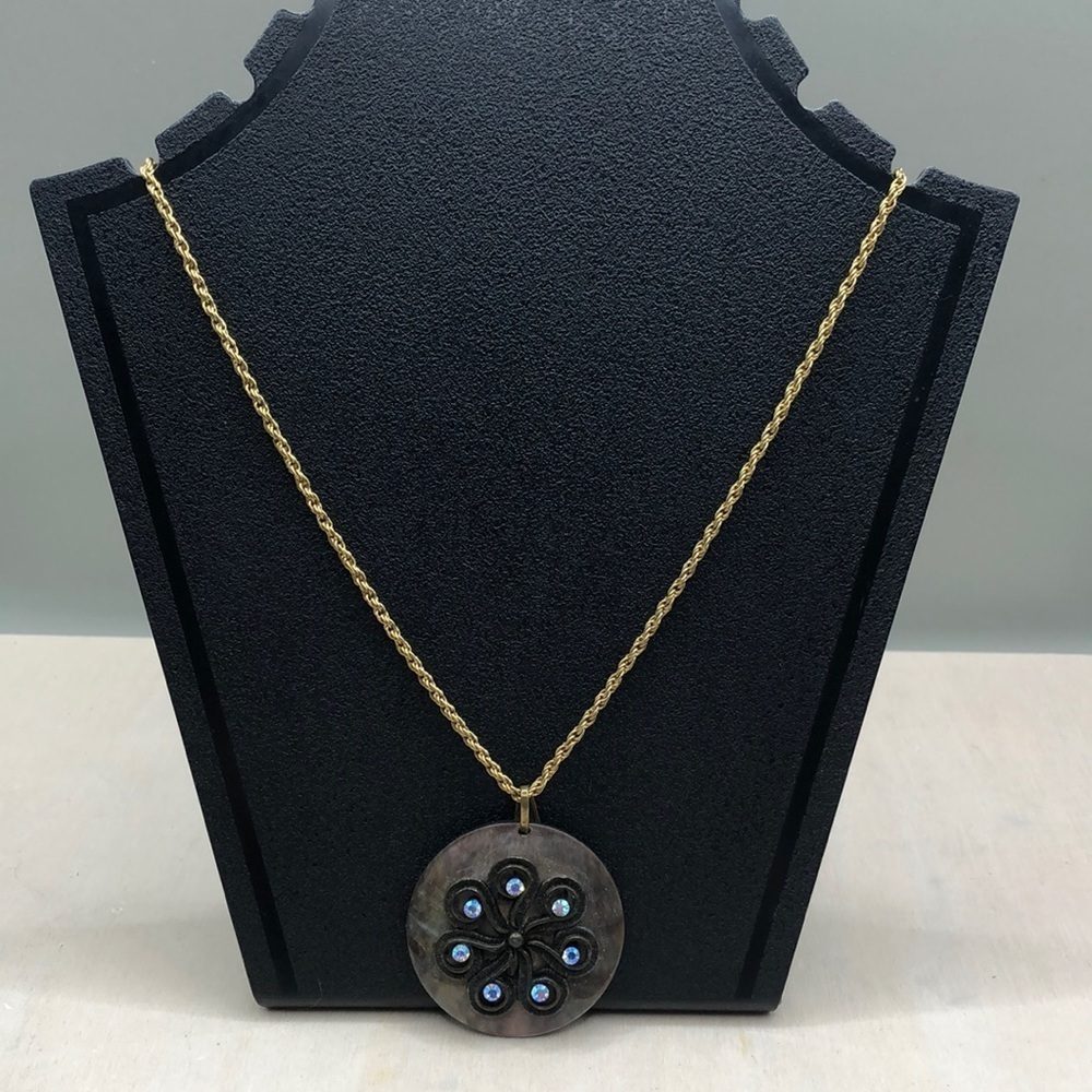 Abalone shell bejeweled sparkling pendant on Betsey Johnson chain necklace boho